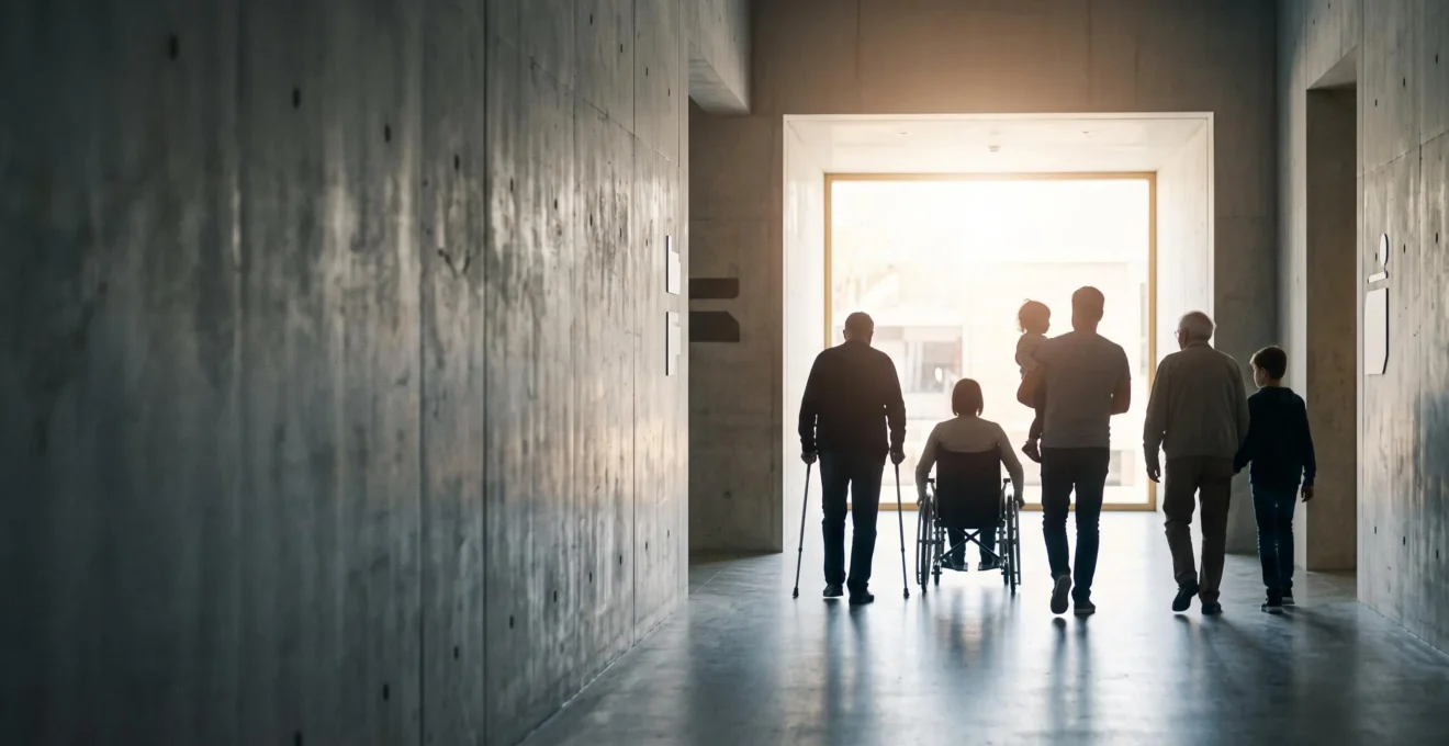 Silhouette diverse de personnes franchissant une porte de lumière symbolisant l'ouverture d'un site web accessible à tous les publics