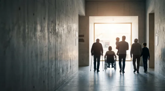 Silhouette diverse de personnes franchissant une porte de lumière symbolisant l'ouverture d'un site web accessible à tous les publics