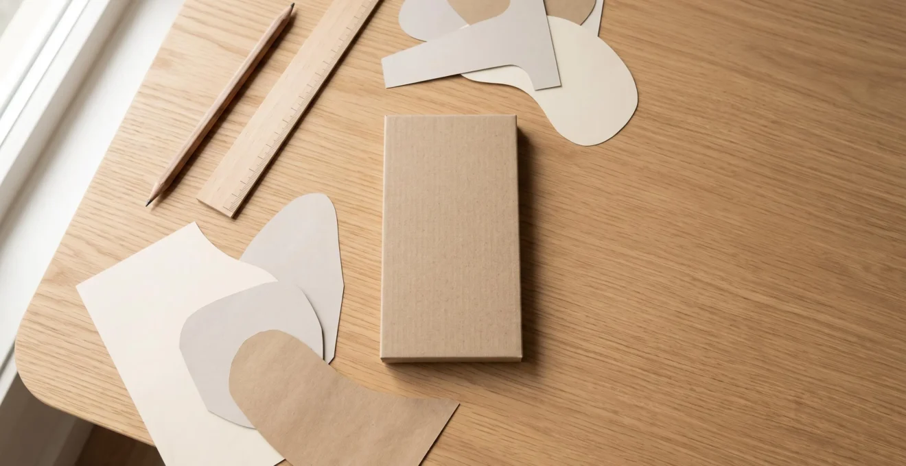 Bureau de designer vu de dessus avec une petite maquette en carton en forme d'écran de smartphone, symbolisant la conception mobile-first avant l'extension vers le desktop