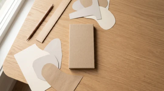 Bureau de designer vu de dessus avec une petite maquette en carton en forme d'écran de smartphone, symbolisant la conception mobile-first avant l'extension vers le desktop