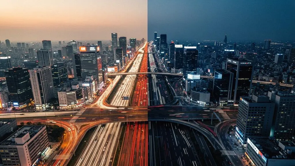 Illustration symbolique d'un réseau routier urbain à moitié éclairé et à moitié plongé dans l'ombre, représentant les erreurs techniques invisibles qui bloquent la moitié du trafic d'un site web