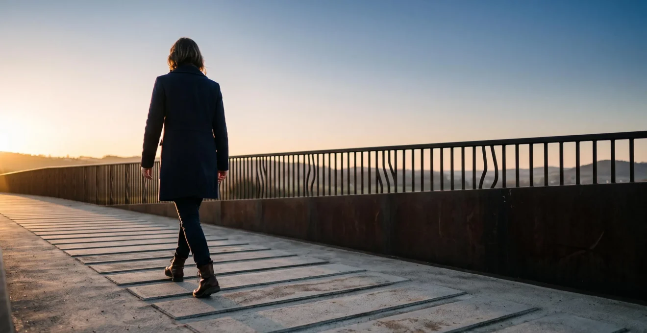 Une silhouette avançant sur une passerelle de lumière stylisée symbolisant le parcours client vers la conversion