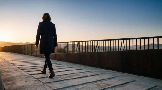 Une silhouette avançant sur une passerelle de lumière stylisée symbolisant le parcours client vers la conversion
