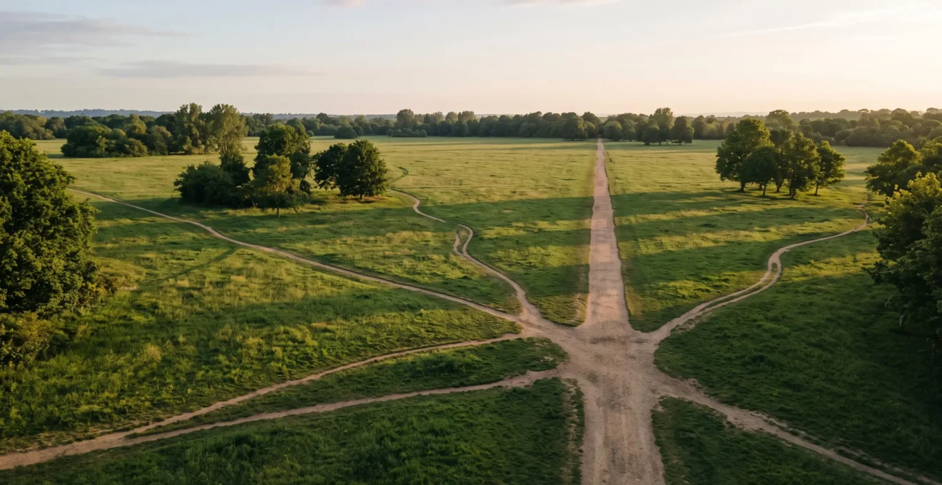 Vue aerienne de sentiers naturels convergents dans un parc minimaliste, symbolisant une navigation web intuitive