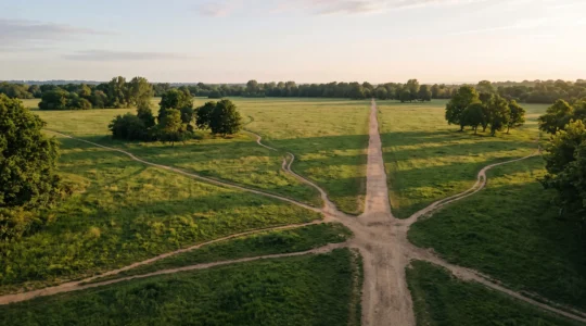 Vue aerienne de sentiers naturels convergents dans un parc minimaliste, symbolisant une navigation web intuitive