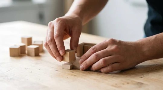 Architecte examinant une maquette de fondations de bâtiment, symbolisant le choix des fonctionnalités prioritaires d'un MVP web