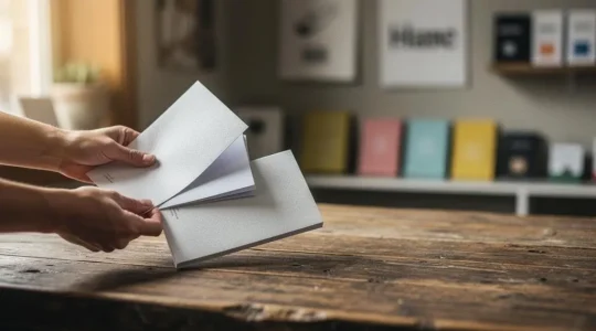 Commerçant local disposant plusieurs supports imprimés vierges sur un comptoir en bois pour illustrer le choix stratégique des supports print