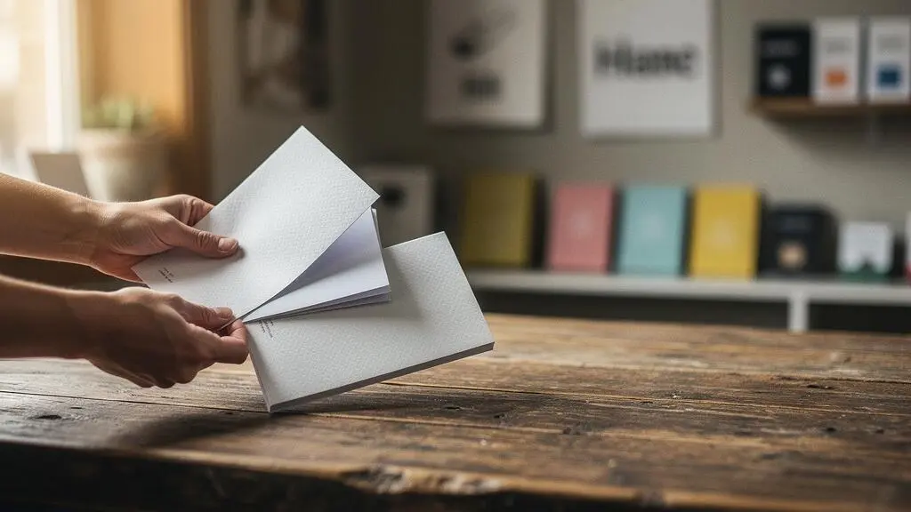 Commerçant local disposant plusieurs supports imprimés vierges sur un comptoir en bois pour illustrer le choix stratégique des supports print