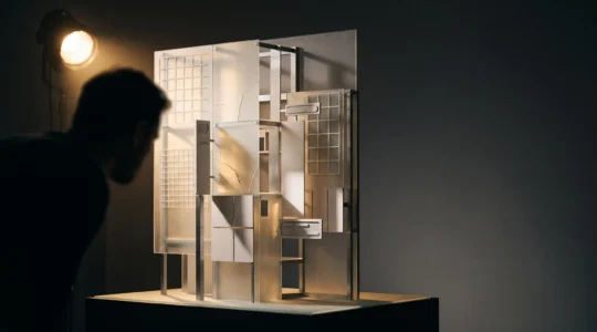 Une main tenant une loupe symbolique au-dessus d'une maquette d'interface abstraite, révélant des failles cachées dans sa structure