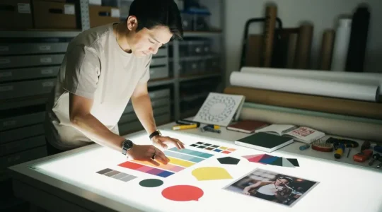 Créatif professionnel organisant plusieurs outils de conception visuelle sur un plan de travail lumineux, symbolisant la combinaison des logiciels Adobe
