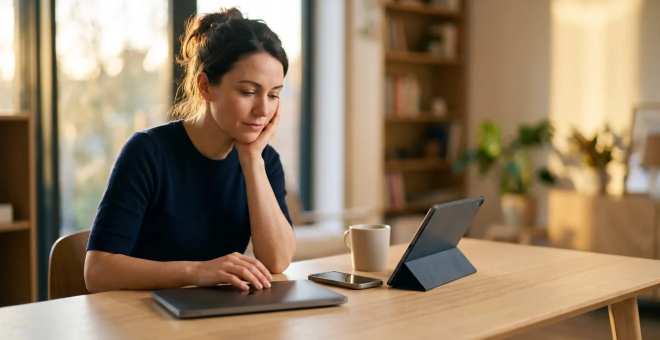 Une personne interagissant naturellement avec plusieurs appareils connectés disposés harmonieusement sur un bureau, symbolisant la continuité d'un parcours multi-écrans