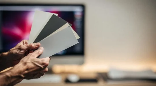 Mains de designer manipulant des nuanciers de couleurs papier avec en arriere-plan flou la lueur colorée d'un ecran, symbolisant la coherence entre print et web