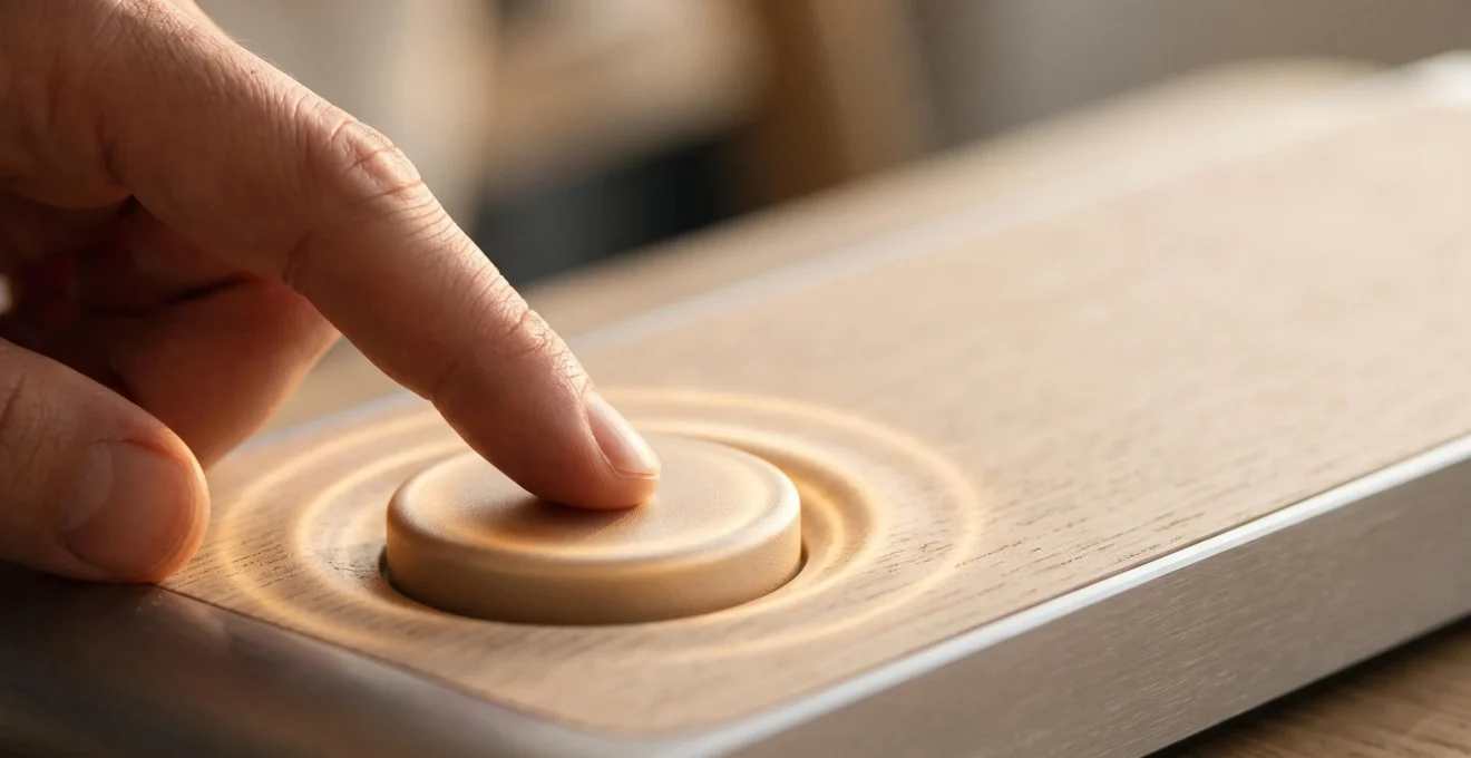 Gros plan sur une main effleurant un objet tactile lumineux qui evoque le plaisir d'une interaction numerique reussie