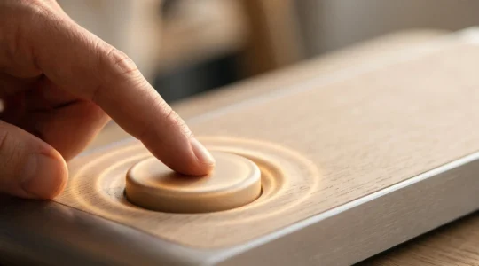 Gros plan sur une main effleurant un objet tactile lumineux qui evoque le plaisir d'une interaction numerique reussie