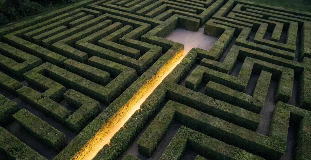 Vue aerienne d'un labyrinthe vegetal avec un unique chemin lumineux menant directement a une destination claire
