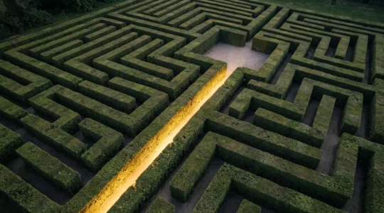Vue aerienne d'un labyrinthe vegetal avec un unique chemin lumineux menant directement a une destination claire