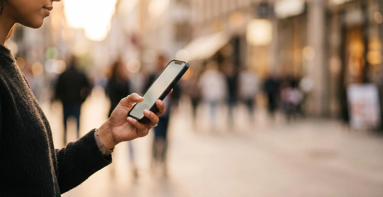 Gros plan sur une main tenant un smartphone dans un environnement urbain lumineux, symbolisant une navigation mobile fluide