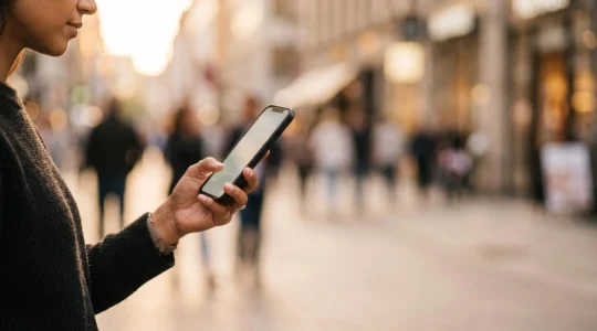 Gros plan sur une main tenant un smartphone dans un environnement urbain lumineux, symbolisant une navigation mobile fluide
