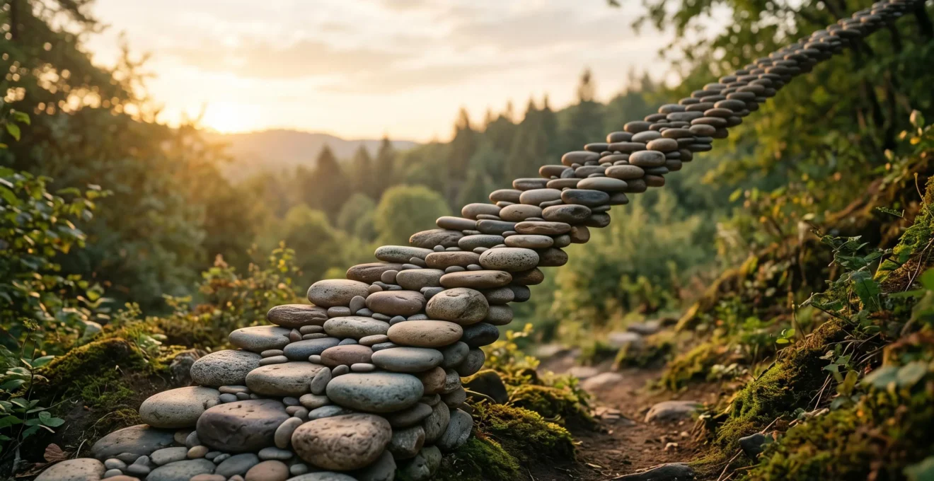 Escalier symbolique de pierres empilees illustrant la progression des decisions data-driven et la croissance du trafic web
