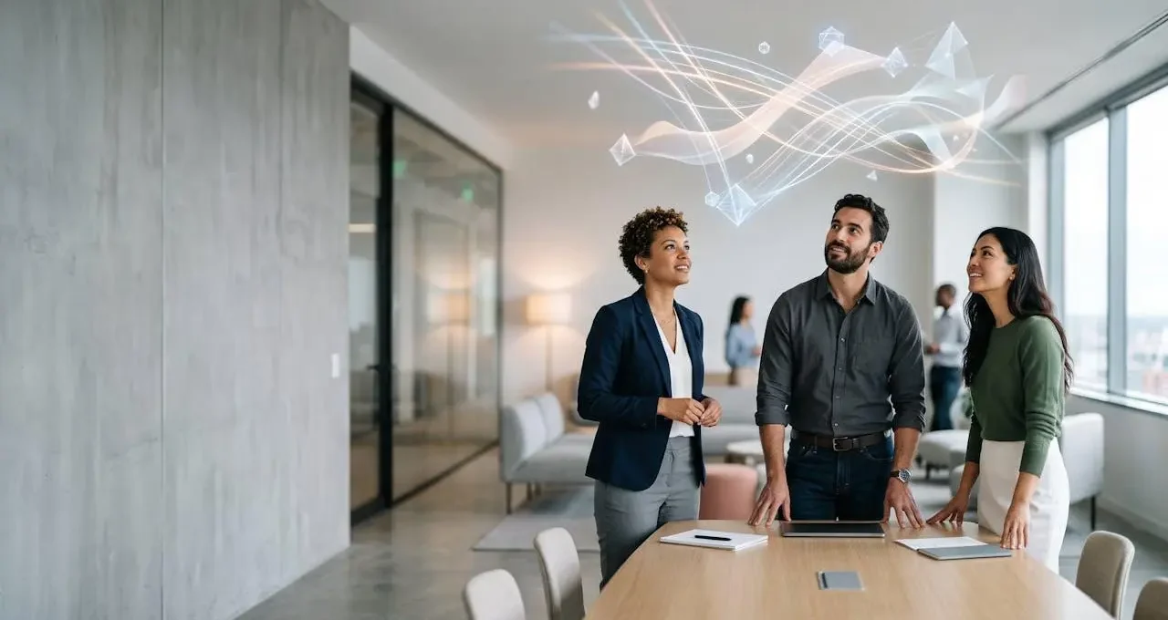Équipe marketing collaborant sereinement devant un tableau de flux lumineux symbolisant l'automatisation multipliant leur efficacité