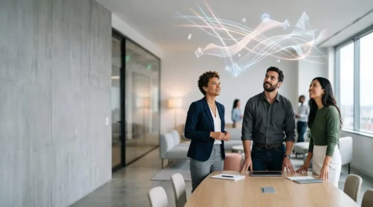 Équipe marketing collaborant sereinement devant un tableau de flux lumineux symbolisant l'automatisation multipliant leur efficacité