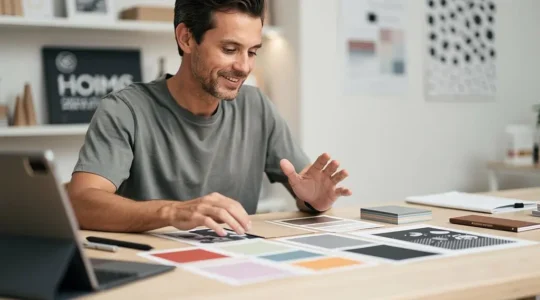 Designer concentre organisant des echantillons de couleurs dans un studio lumineux, symbolisant une production visuelle optimisee