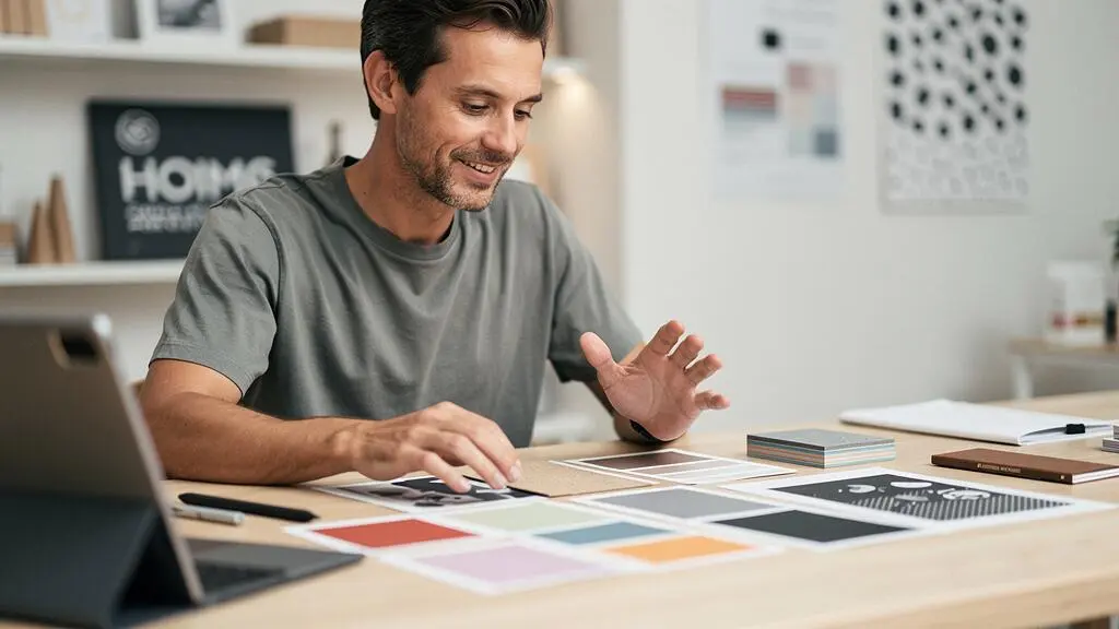 Designer concentre organisant des echantillons de couleurs dans un studio lumineux, symbolisant une production visuelle optimisee