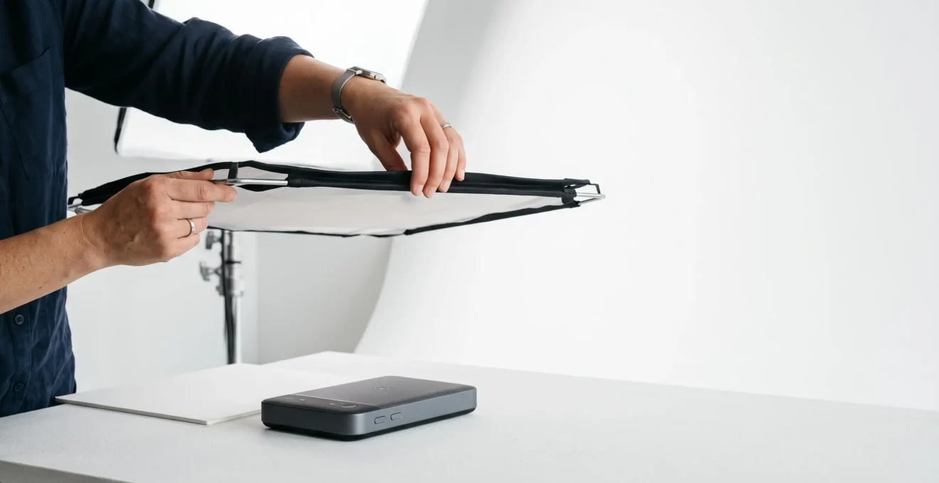 Photographe professionnel réglant un éclairage de studio autour d'un produit sur fond blanc pour un packshot e-commerce