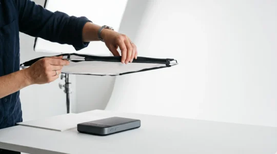 Photographe professionnel réglant un éclairage de studio autour d'un produit sur fond blanc pour un packshot e-commerce