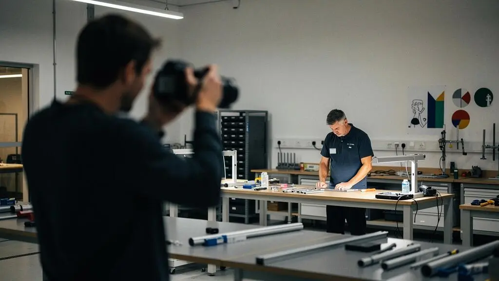 Photographe professionnel attendant patiemment un instant authentique dans un atelier d'entreprise