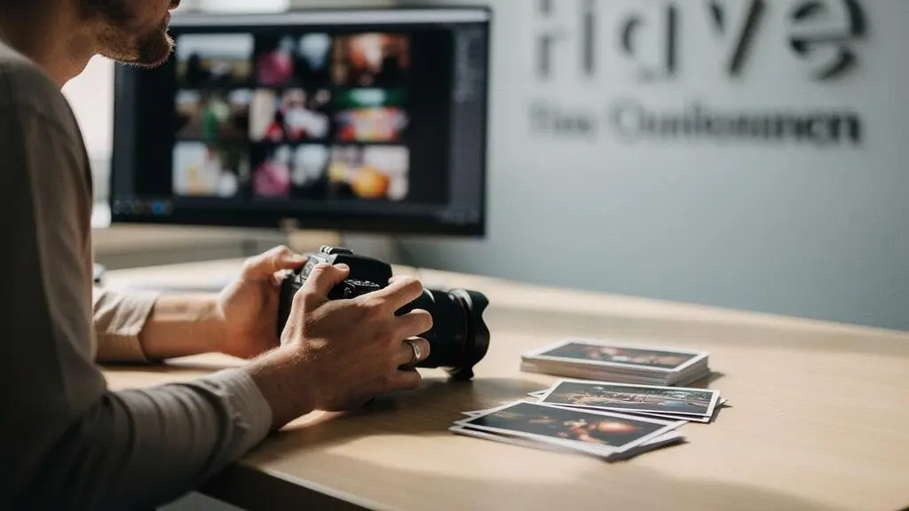 Photographe professionnel organisant et retouchant une série de photos sur son poste de travail, ambiance éditoriale