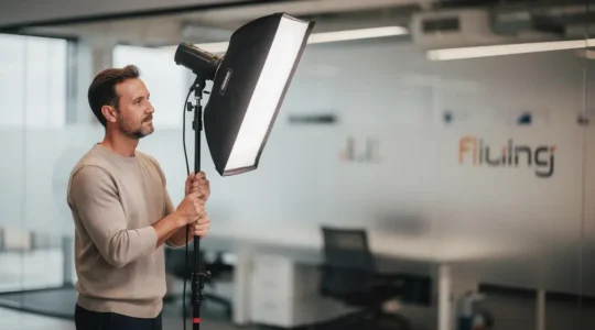 Photographe professionnel ajustant son matériel d'éclairage avant un shooting corporate en entreprise