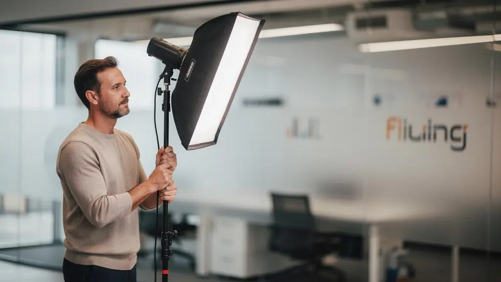 Photographe professionnel ajustant son matériel d'éclairage avant un shooting corporate en entreprise