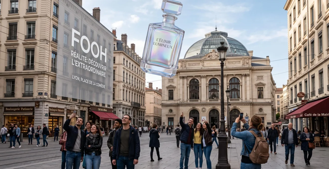 Place urbaine française avec foule levant smartphones pour filmer objet 3D spectaculaire intégré de façon réaliste dans le ciel, architecture locale reconnaissable, lumière et ombres cohérentes entre environnement réel et élément ajouté, passants en mouvement naturel de profils variés