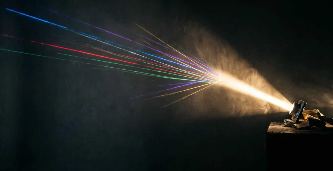 Faisceaux de lumière epars se concentrant en un seul rayon puissant, symbolisant l'efficacite d'un plan media structure
