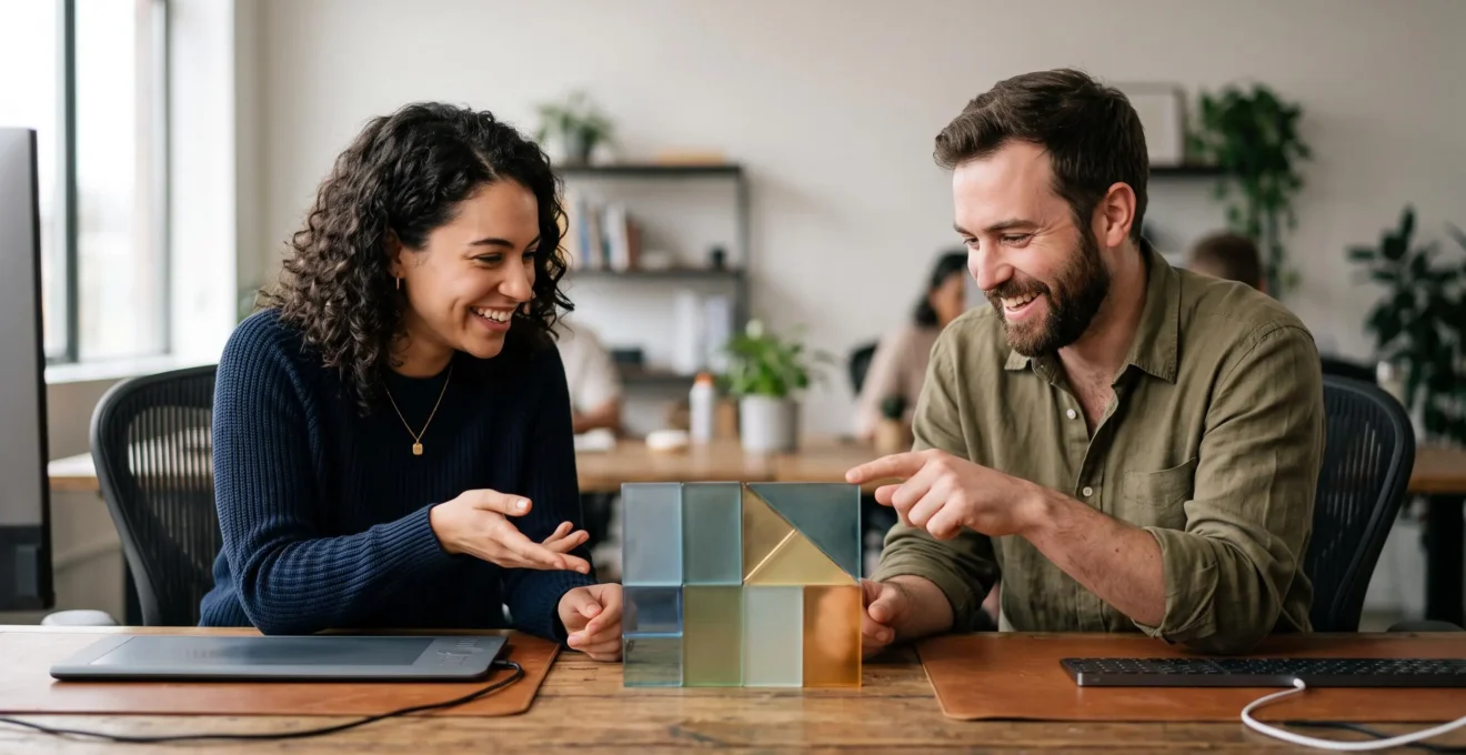 Un designer et un développeur collaborant autour de composants modulaires symbolisant l'alignement entre design et code