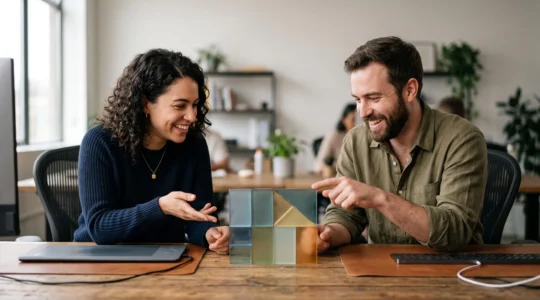 Un designer et un développeur collaborant autour de composants modulaires symbolisant l'alignement entre design et code