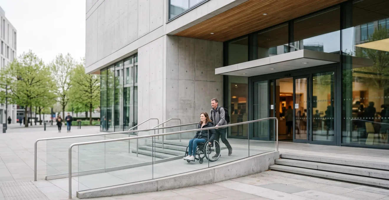 Rampe d'accès élégamment intégrée à l'entrée d'un bâtiment moderne, symbolisant une accessibilité numérique pensée dès la conception plutôt qu'ajoutée dans l'urgence