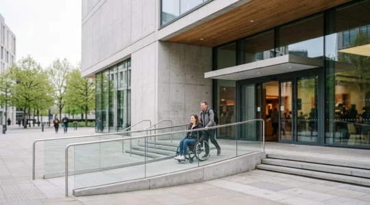 Rampe d'accès élégamment intégrée à l'entrée d'un bâtiment moderne, symbolisant une accessibilité numérique pensée dès la conception plutôt qu'ajoutée dans l'urgence