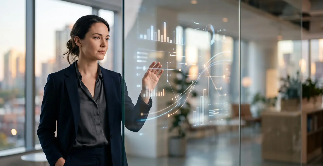 Professionnel consultant un tableau de bord épuré et lumineux pour prendre une décision rapide