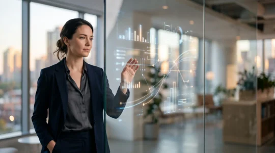 Professionnel consultant un tableau de bord épuré et lumineux pour prendre une décision rapide