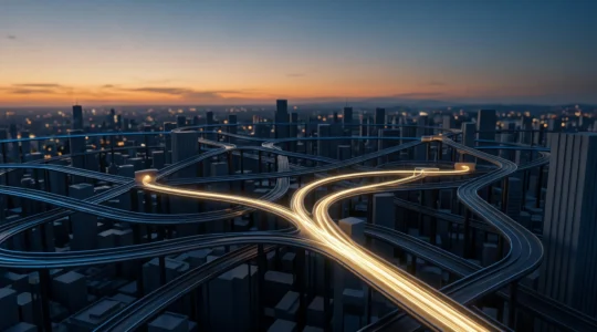 Reseau de fils lumineux interconnectes symbolisant la multiplication du trafic grace a un maillage interne optimise