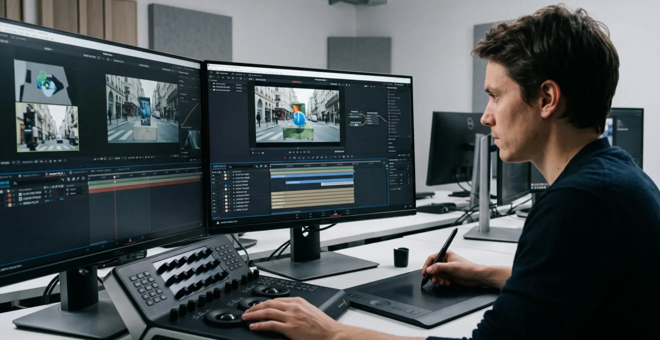 Studio de post-production VFX avec créatif travaillant sur timeline de compositing FOOH, écrans multiples affichant superposition calques 3D et vidéo réelle, équipement professionnel (tablette graphique, panel color grading) dans environnement technique contemporain