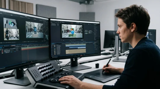 Studio de post-production VFX avec créatif travaillant sur timeline de compositing FOOH, écrans multiples affichant superposition calques 3D et vidéo réelle, équipement professionnel (tablette graphique, panel color grading) dans environnement technique contemporain