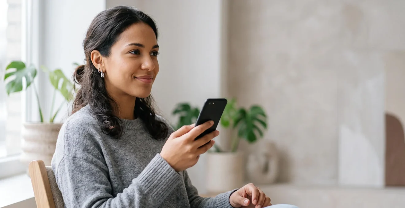 Personne souriante et détendue utilisant une application mobile aux animations fluides et discrètes