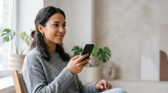 Personne souriante et détendue utilisant une application mobile aux animations fluides et discrètes