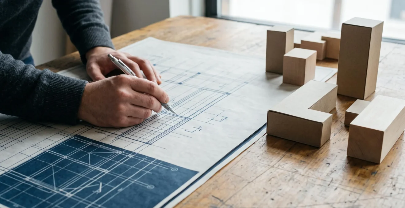 Plan filaire d'interface numérique évoquant les fondations d'une construction architecturale bien pensée