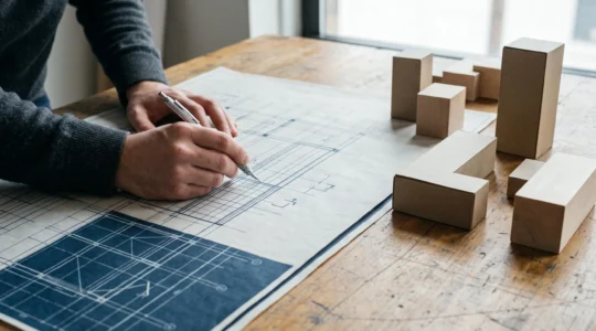 Plan filaire d'interface numérique évoquant les fondations d'une construction architecturale bien pensée